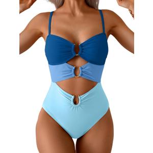 Eomenie One Piece Swimsuit for Women Ring Linked Monokini Sexy Bathing Suit Cutout Swim Suit (Small, Blue Color Block)