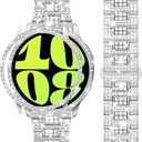 Dsytom Stylish Bands Compatible with Samsung Galaxy Watch 7/6 40mm 44mm, 20mm Bling Metal Replacement Galaxy Watch 7/6 Band 40mm 44mm with Rhinestone Protective Case for Women (Silver)