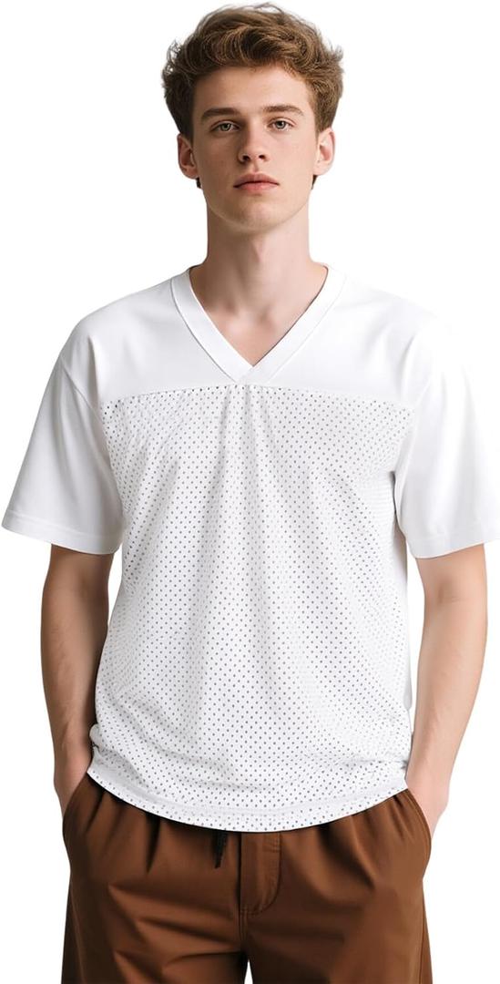 Football Jersey Blank Mesh Hip Hop Short Sleeve Shirt Plain Practice Sport Uniform Gift for Men S~3XL (White)