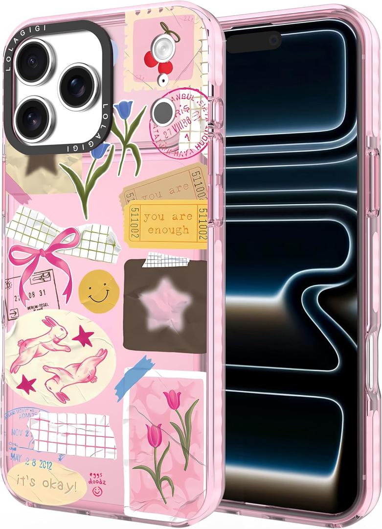 Case for iPhone 17 Pro Max, Cute Pink Art Collage Print Kawaii Design Girly Aesthetic Cartoon Pattern for Women Girls Teens Soft TPU Phone Case,6.9"