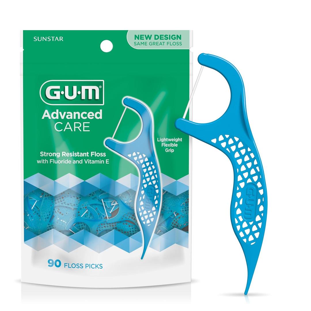 GUM Advanced Care Floss Picks - Dental Flossers for Adults with Vitamin E and Fluoride - Extra Strong Shred-Resistant Dental Floss, Easy Grip Handle, Fresh Mint Flavor, 90 Count