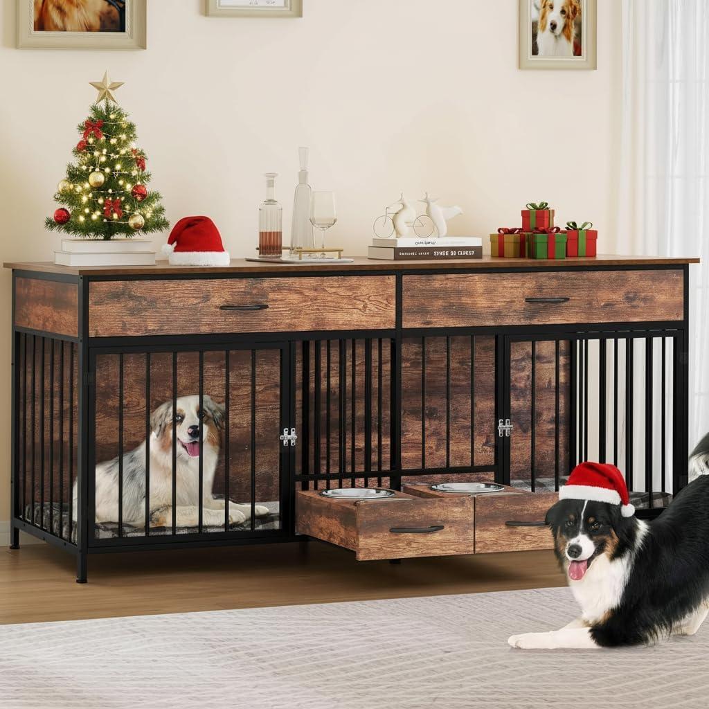 DWVO Double Dog Crate TV Stand with Dog Feeder, 74.8" Wooden Large Dog Kennel with Storage, Double Dog Crate Furniture for 2 Small Medium Dogs, Brown