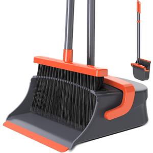 Broom with Dustpan Combo Set, Long Handle Upright Standing Self-Cleaning Broom and Dustpan Set for Pet Hair & Dust Cleanup, Indoor Outdoor Use for Home, Kitchen, Office, Orange & Gray