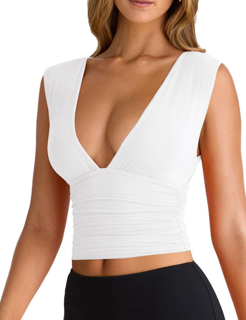 YFANG Women's Sexy Deep V-Neck Ruched Sleeveless Crop Tank Top Stretchy Double Layer Slim Fitted Going Out Crop Top (Large, White) YFANG Women's Sexy Deep V-Neck Ruched Sleeveless Crop Tank Top Stretchy Double Layer Slim Fitted Going Out Crop Top (Large, White)
