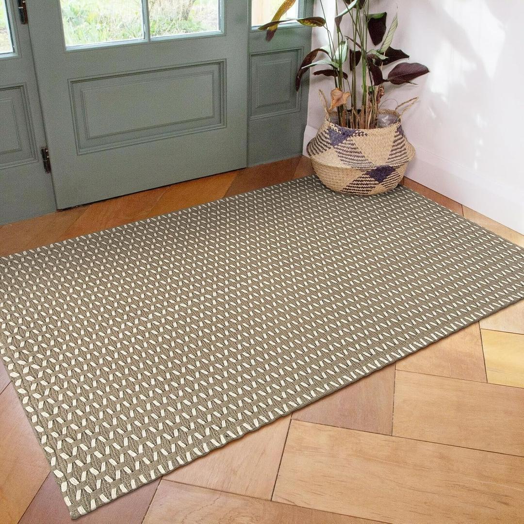 OJIA Washable Rugs 3x5 Front Door Mats Entryway Rugs Indoor Outdoor Rug Cotton Hand-Woven Tan Kitchen Rug Farmhouse Throw Carpet Door Mats for Bedroom Bathroom Porch Entrance