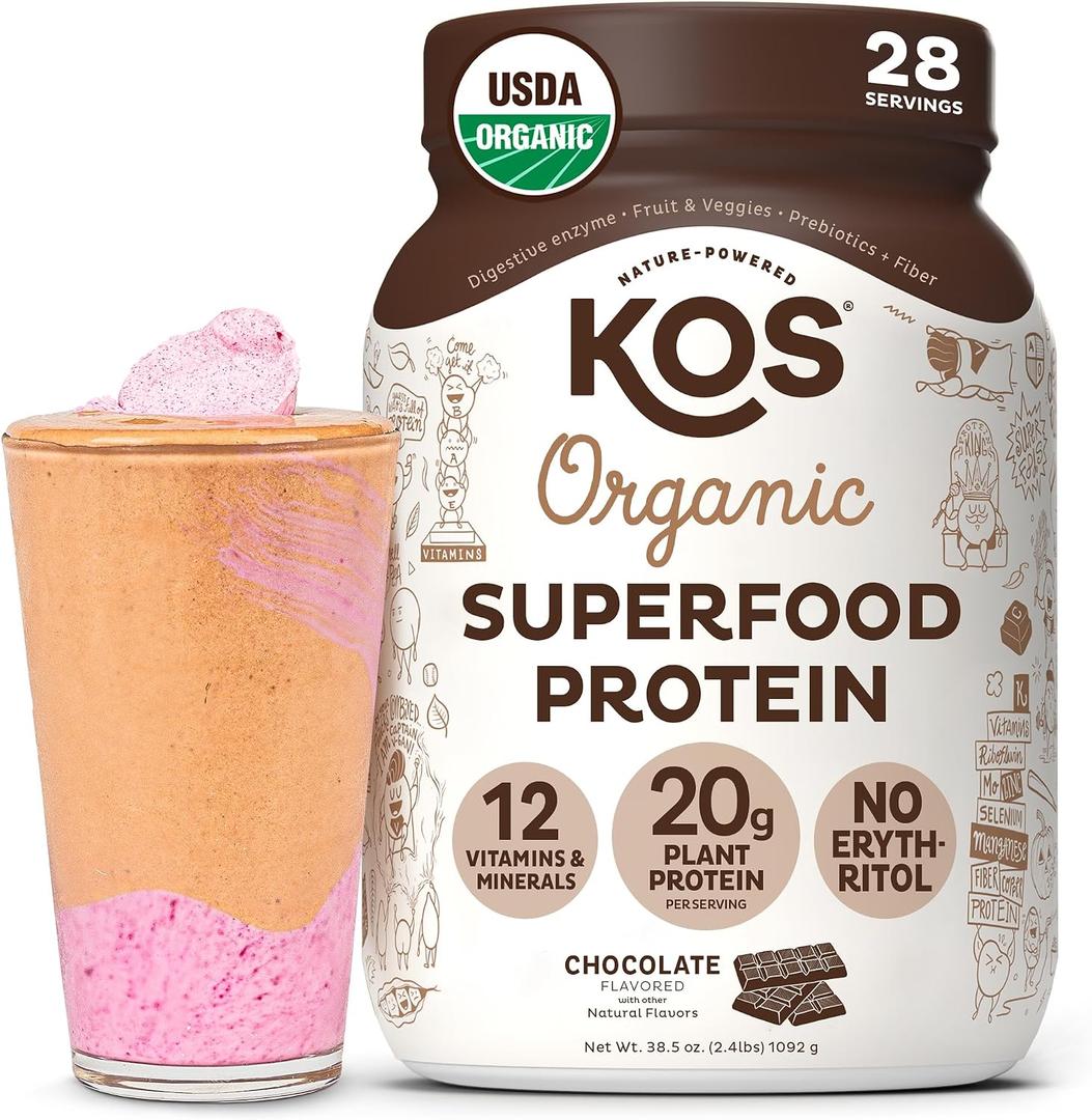 KOS Vegan Protein Powder Erythritol Free, Chocolate - Organic Pea Protein Blend, Plant Based Superfood Rich in Vitamins & Minerals - Keto, Dairy Free - Meal Replacement for Women & Men, 28 Servings, BBD 06/17/2027