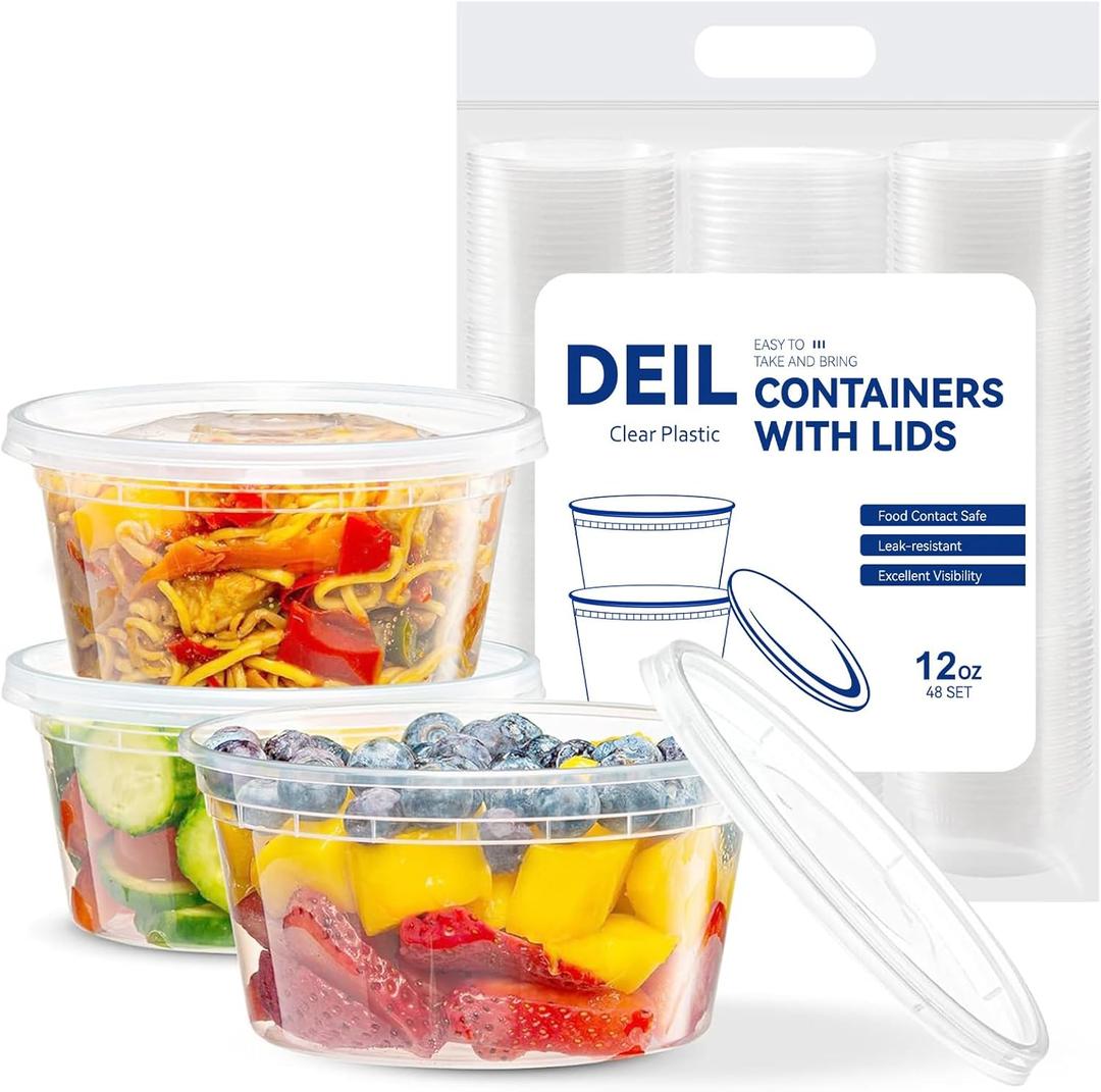 12 oz Deli Containers with Lids (48 Pack) - Plastic Food Storage Containers with Airtight Lids, Leak-Proof, Anti-Cracking, Easy to Open & Close for Food Storage & Meal Prep