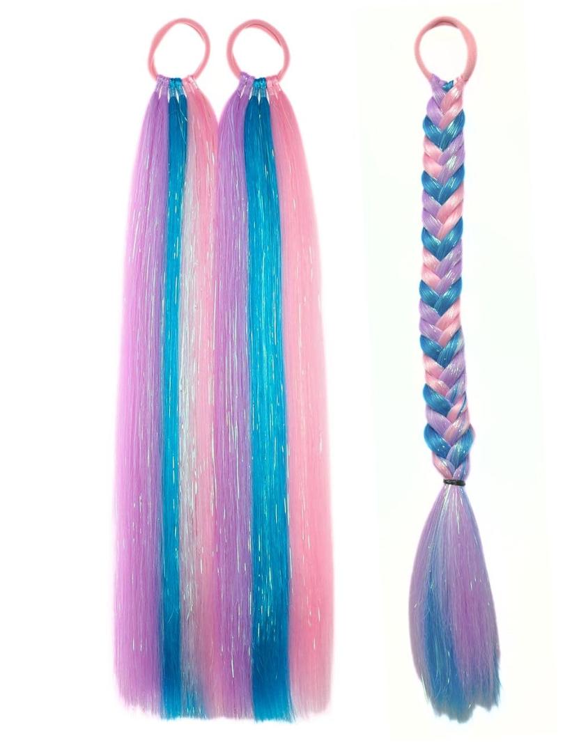 Colored Hair Extensions Blue Pink Purple Ponytail Extension Colorful 2 Packs, 20 inch Crazy Hair Day Accessories for Women, DIY Festival Wacky Rave Braids,Tinsel Mixed