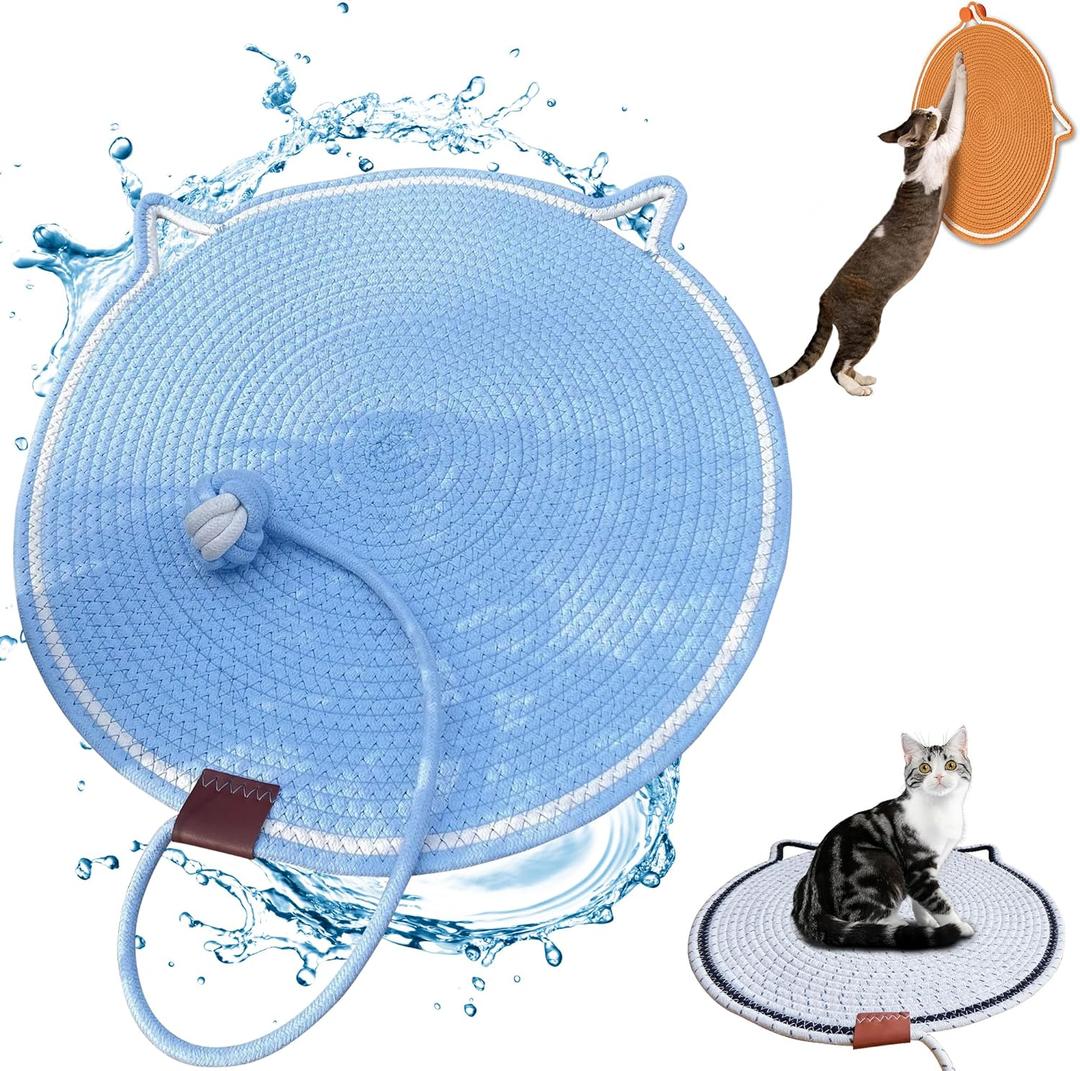 Cat Scratcher Mat, Natural Cotton Rope Cat Scratch Pad, 19.7 Round Horizontal Floor Cat Scratching Pads for Indoor Cats Grinding Claws Nails,Cat Furniture Protector (Blue with Ball)