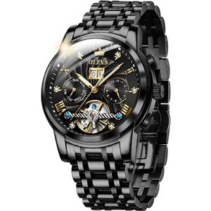OLEVS Men Automatic Watch Skeleton 5 Hands Mechanical Classic Luxury Multi Calendar Stainless Steel Waterproof Wrist Watch for Men