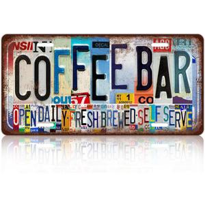 Vintage Coffee Bar License Plate Wall Decor Metal Tin Sign 12 x 6 Inches - Open DailyFresh BrewedSelf Serve