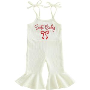 ZAXARRA Toddler Baby Girl Christmas Outfit Spaghetti Strap Bell Bottoms Romper Overalls Jumpsuit Santa Baby Bow Clothes (White)