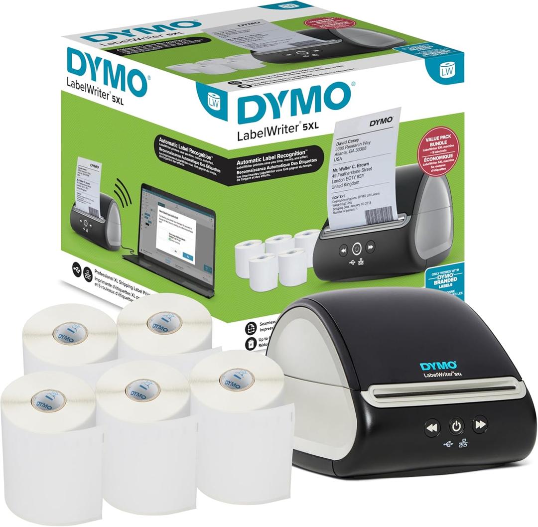 DYMO LabelWriter 5XL Label Printer Bundle Prints Extra-Wide ShippingLabels (UPS USPS) from Amazon eBay and More Perfect for eCommerce Sellers Includes 5 Extra-Large Shipping Labels (1100 Total) (White)