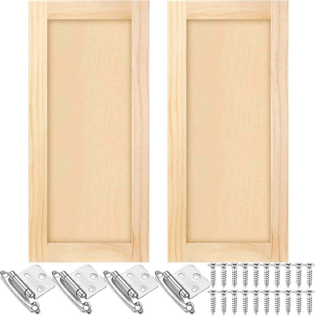 2 Pcs 13.25'' W x 29'' H Unfinished Pine Kitchen Cabinet Door Replacement with 4 Pcs Cabinet Hinges Wood Shaker Door Front Replacement for Kitchen, Bathroom, Vanity