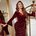 Dressystar Womens Velvet Sequin Dresses Wrap Bell Long Sleeve V Neck Slit Bodycon Formal Cocktail Prom Party Evening Dress (M)