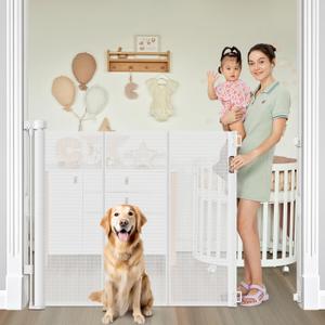 Reinforced 42 Extra Tall Retractable Dog Gate for Doorways, Extends up to 60 Wide, Mesh Baby Gate, Tall Baby Gates with Rods to Prevent Crawling Through Retractable Pet Gate Indoor Outdoor, White