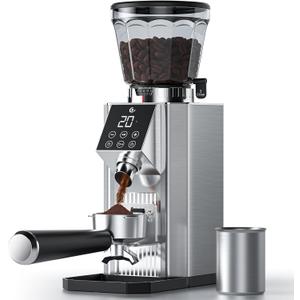 Burr Coffee Grinder with 45 Gind Settings, Anti-Static Conical Burr, Precision Electronic Timer & LED Touchscreen for Espresso/Drip/Cold Brew/French Press, All-Metal Stainless Steel Body, Silver