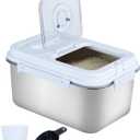 20Lbs Airtight Rice Container with Flip Lid, Stainless Steel Food Storage Container with Date Tracker, Measuring Cup and Spoon, 10L Portable Kitchen Pantry Bin for Flour Grain Sugar - Silver