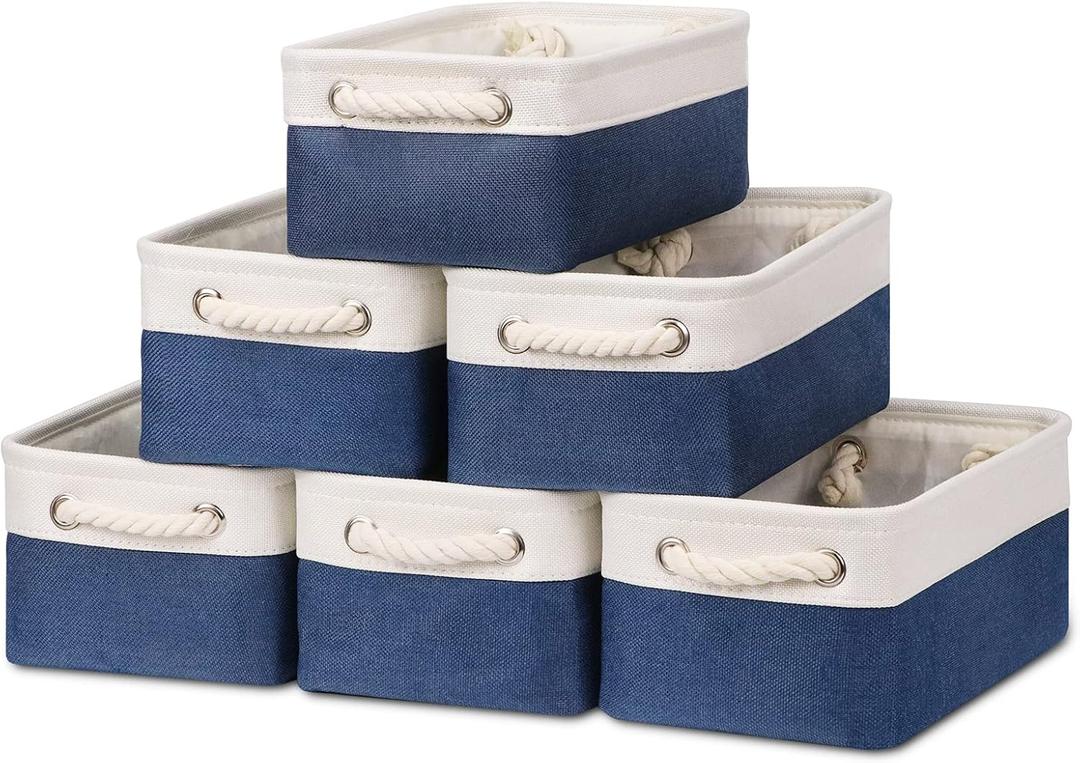 Bidtakay Small Canvas storage baskets with Handles [6 Pack] Navy Blue Fabric Storage Bins 11.8 x 7.8 x 5 inches Decorative storage baskets for Shelves, Closet, Nursery (White&Blue)