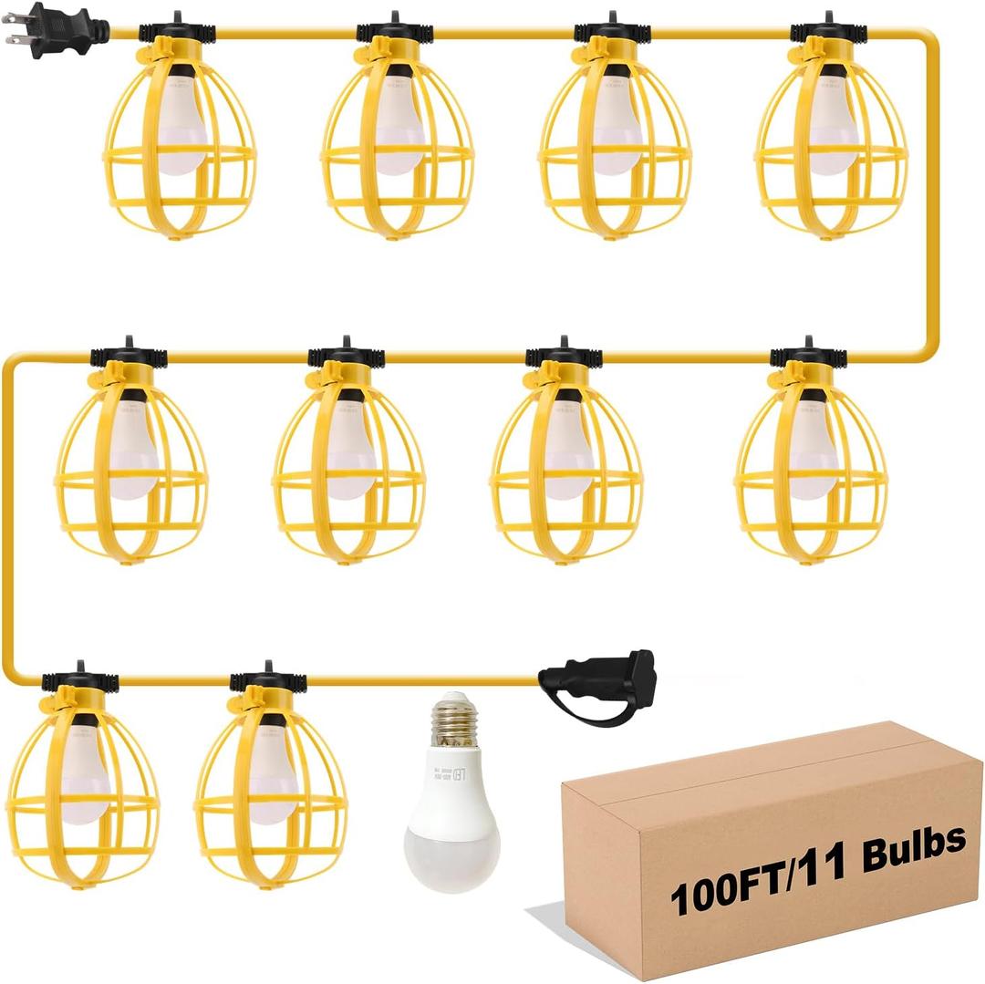 100FT Construction String Lights, 100W 11 Bulbs Work Lights with E26 Base, Construction Lights IP65 Waterproof, 8000LM 6500K Temporary Lighting for indoor Workshop, Mine cave, Job Site