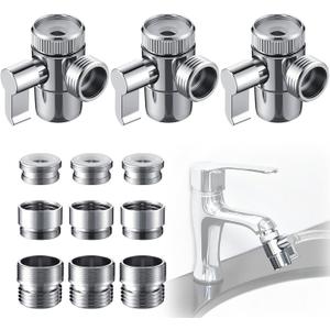 Dreyoo 3 Set Faucet Diverter Valve with Aerator include 55/64'', 15/16'', G1/2'' Hose Adapter, Each of Three, 3 Way Diverter Valve For Handheld, Garden Sink Faucet Splitter for Bathroom