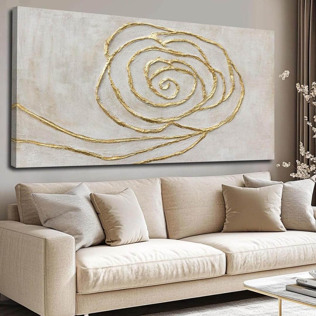 XIANSHOU Textured Wall Art Pictures Line Wall Paintings Beige and Gold Wall Decor for Walls 24"x48" Artwork for Bedroom Office Decorations