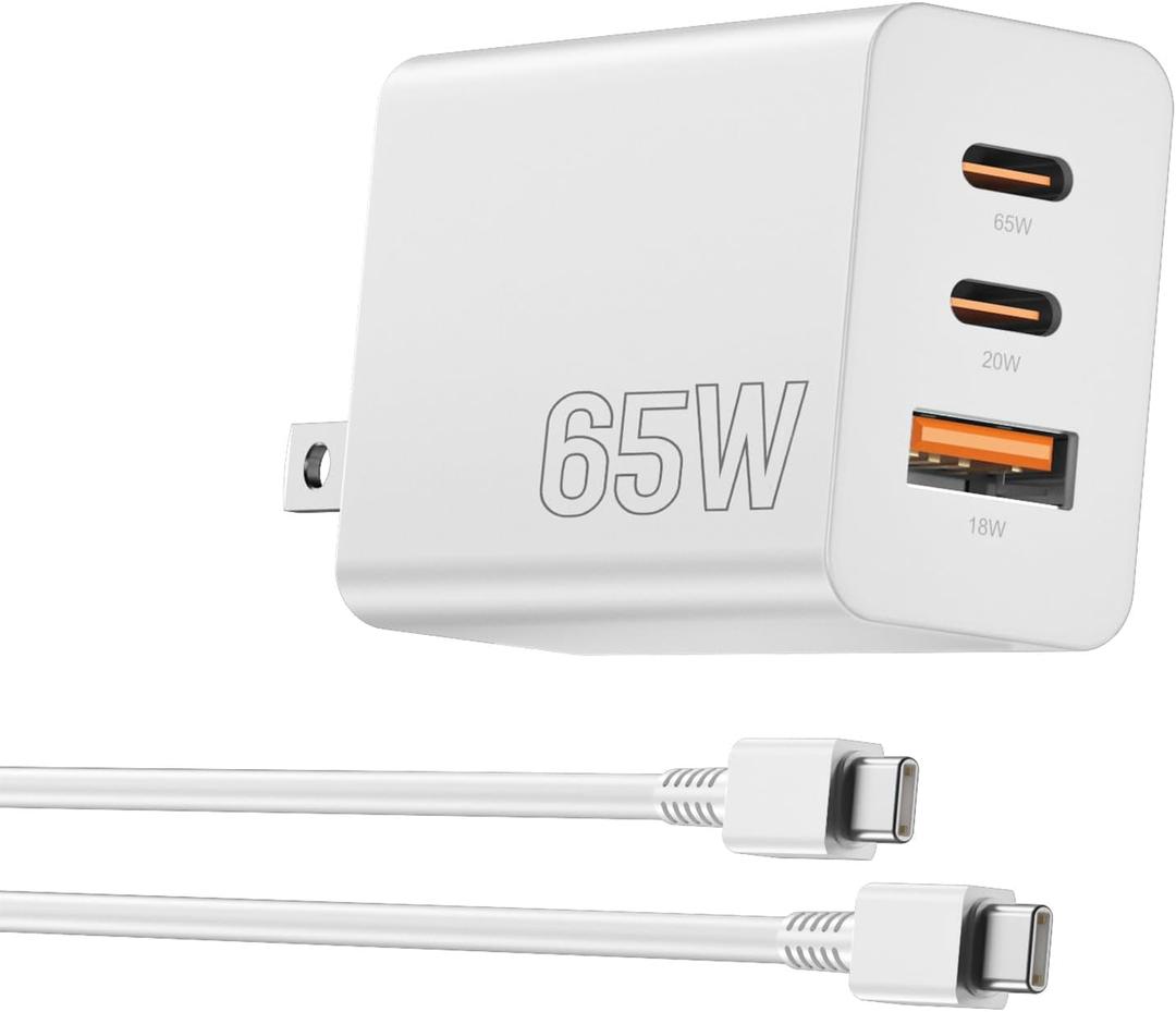 65W USB C Charger Block,3 Port GaN+ USB-C Wall Charger,100W PD Type C Multi Port Power Super Fast Charging Block Adapter&6FT Cable for Samsung Galaxy S26 Ultra/25/24,iPhone 17/16,iPad,MacBook (White)