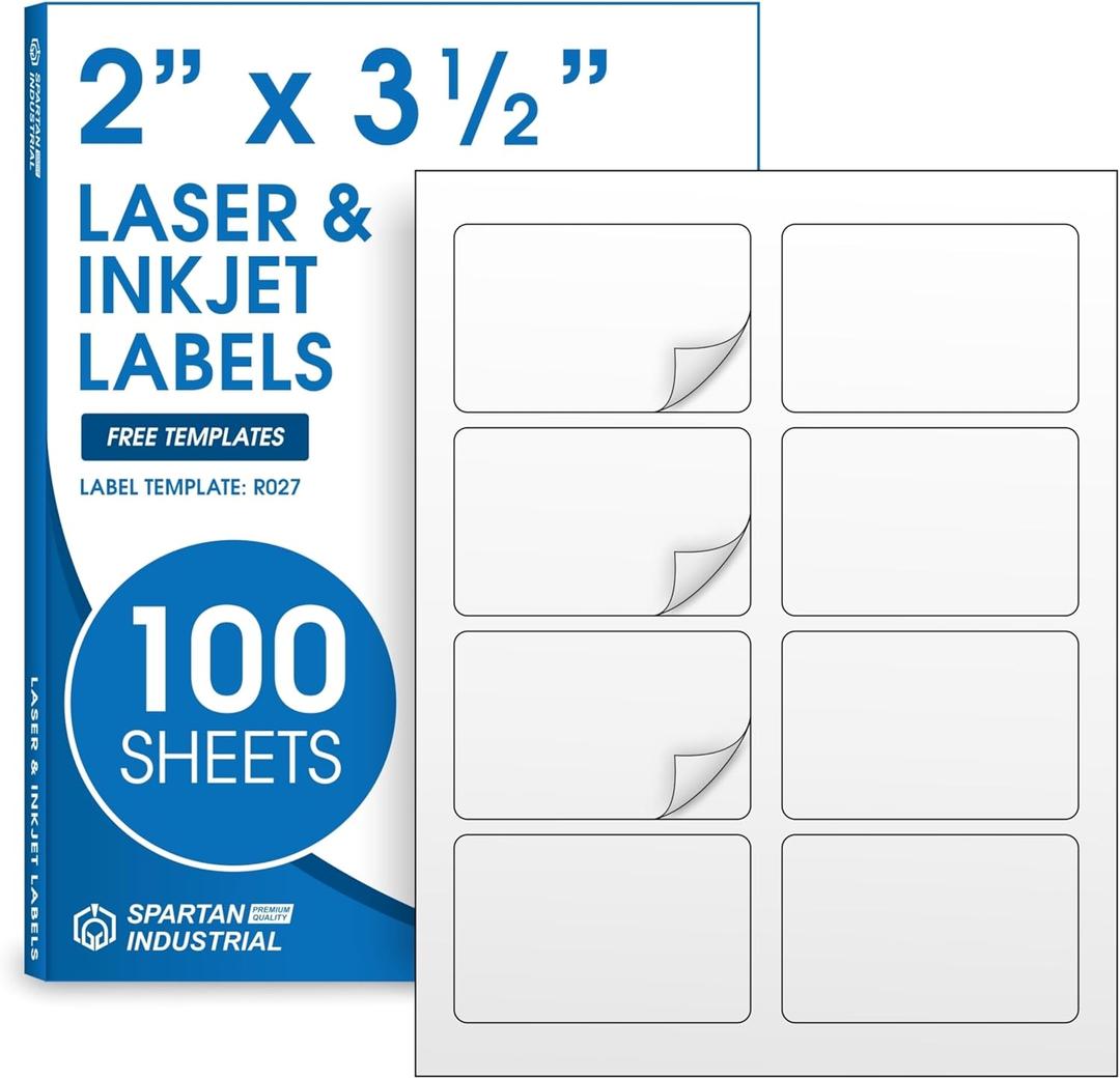 2" X 3.5" Matte White Printable Labels for Inkjet and Laser Printers - 100 Sheets, 800 Total Custom Stickers for Shipping Labels, Product Labeling, Addresses - Spartan Industrial Template R027