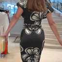 CHICME Summer Dresses for Women Floral Print Plunge V Neck Midi Dress Casual Ruched Slit Bodycon Party Dress (XXL)