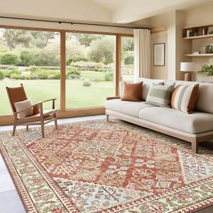 9x12 Area Rugs for Living Room, Stain Resistant Machine Washable Rug, Non Slip Backing Boho Rugs for Bedroom, Printed Soft Vintage Carpet Orange 9 x 12 (Cinnamon/Clay/Laurel/Babyblue)