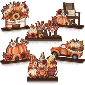 6 Pcs Thanksgiving Wooden Table Decorations Autumn Wood Tabletop Sign Centerpiece Rustic Decorations for Office Desk Farmhouse Home Kitchen Tiered Tray Decor Shelves Table Decorative