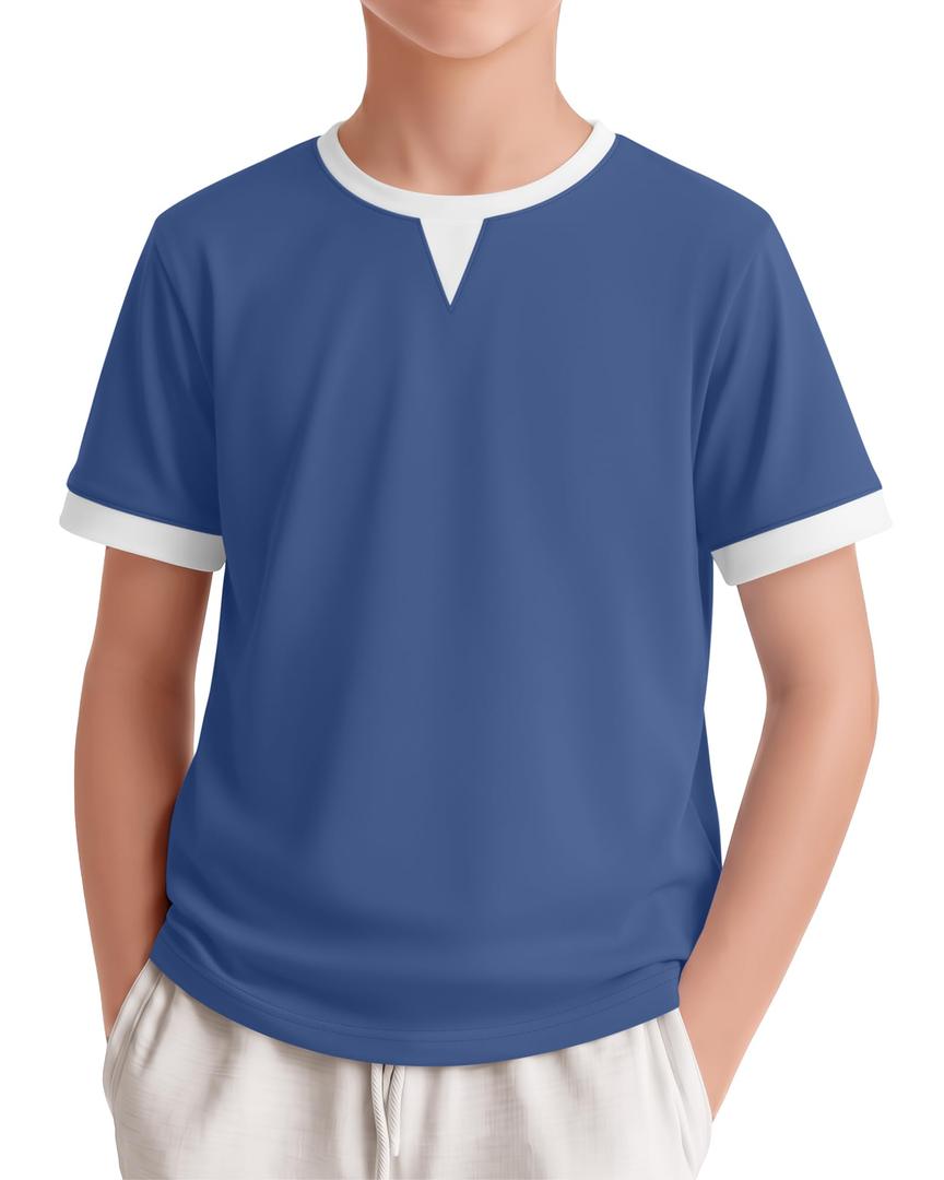 LessonZoo Boys Shirts Short Sleeve Color Block T-Shirts Baseball Kids Casual Geometric Tees Summer Fashion Crew Neck Tops(Denim Blue&White,7-8 Years)