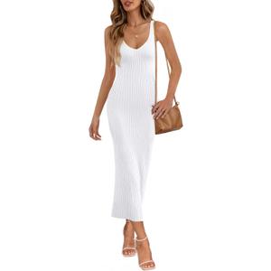 MEROKEETY Womens 2025 Summer V Neck Knit Midi Dress Bodycon Casual Sleeveless Ribbed Party Sweater Dresses (Small, White)
