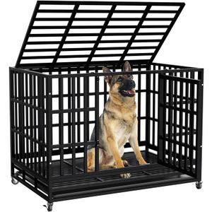 48 Inch Heavy Duty Dog Crate Kennel with Wheels, High Anxiety Indestructible Dog Crates for Large Dogs, XL XXL Extra Large Dog Crate with Removable Plastic Tray, Two Locks (Black, Square) (47.2"L x 30.7"W x 35.0"H)