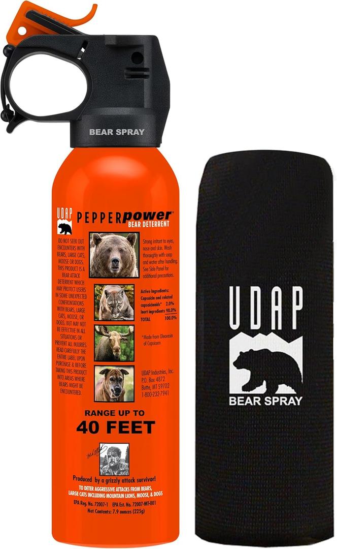 UDAP Pepper Power 12VHP Safety Orange Bear Spray Self Defense Deterrent with Hip Holster and Belt for Camping, Hiking, Fishing, Powerful Blast Pattern, 30 feet Fog Barrier, 7.9 oz