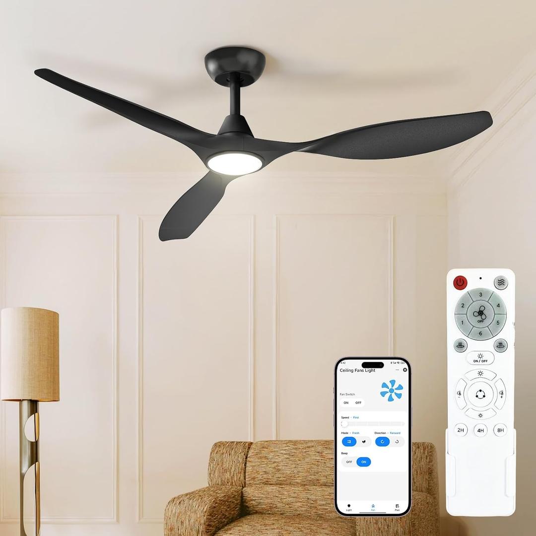 Roomratv 52 inch Ceiling Fans with Lights and Remote, Smart APP Control, Noiseless DC Motor, Reversible 6 Speeds, Timer Setting, 3CCT Dimmable, Black Finish Modern Style for Bedroom Living Room