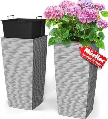 Mueller M-Resin Heavy Duty Tall Planters for Outdoor Plants, Indoor Grande Plant Pots, Boxes, Trees, Flower Pots, 1-Piece Set, 24”, Modern Design, Built-in Drainage, Front Porch Decor, Light Gray