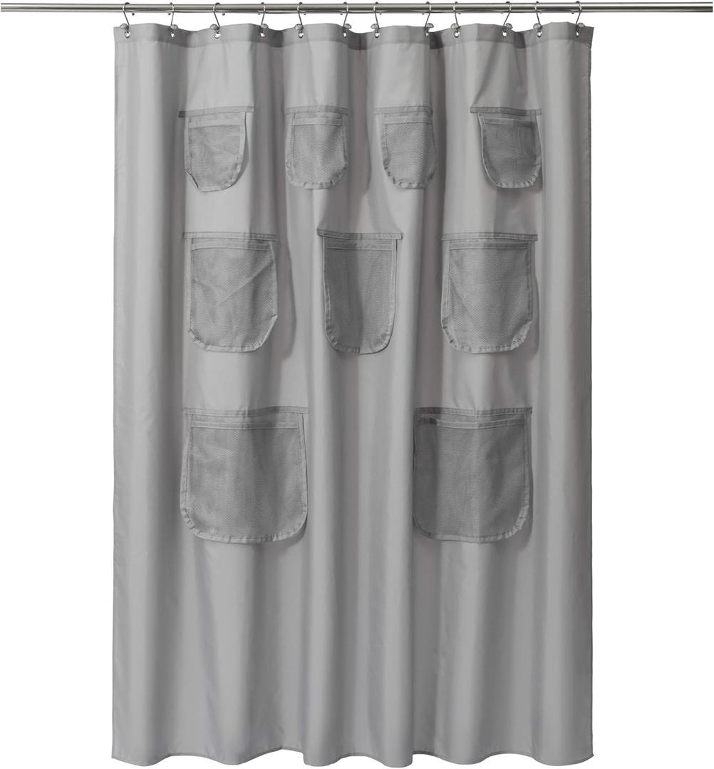 Mrs Awesome Gray Fabric Shower Curtain or Liner with 9 Mesh Pockets,72 x 72 inch, Water Proof, Washable and Rust Proof Grommets,Gray (Grey)