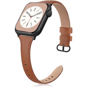Slim Leather Band Compatible for Apple Watch 38mm 40mm 41mm 42mm Series 10, Slim Thin Elegant Top Grain Genuine Leather Strap Compatible for iWatch Series 10 9 8 7 6 5 4 3 2 1 SE Women (Brown with Black Clasp)