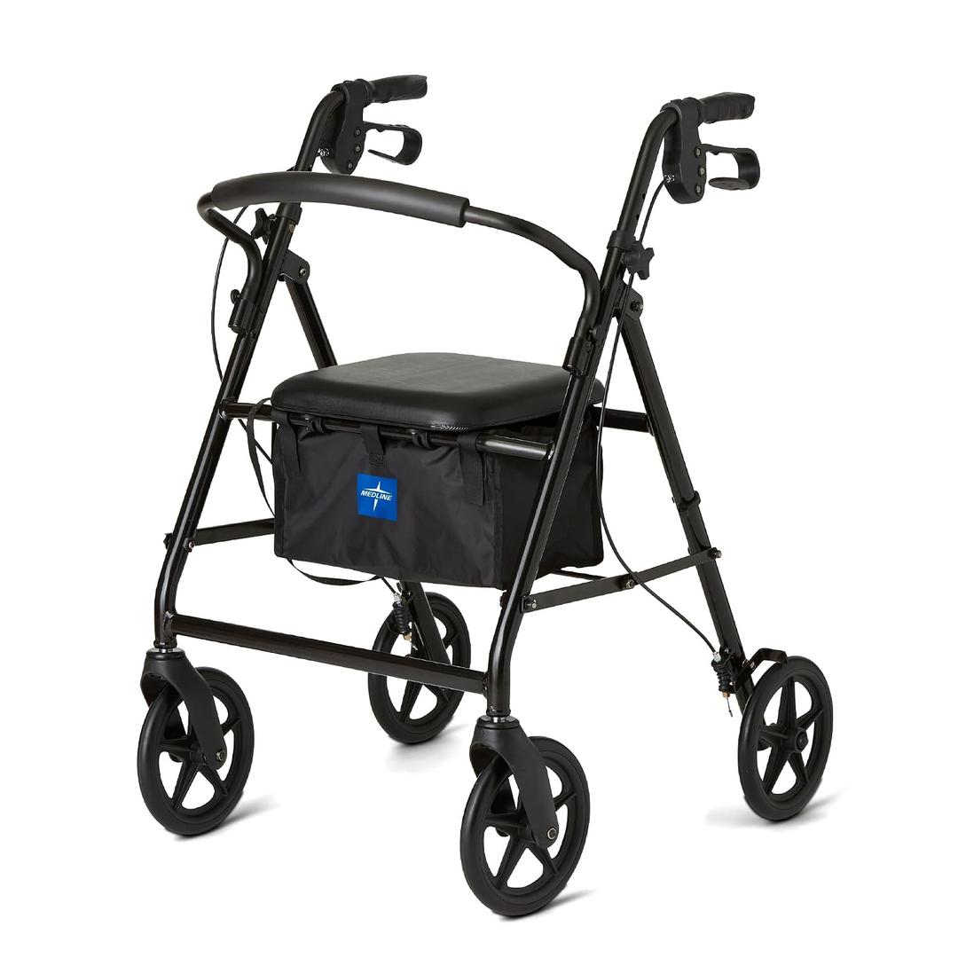 Medline Aluminum Rollator Walker, Burgundy, 300 lb. Weight Capacity, 8” Wheels, Adjustable Height Handle, Padded Seat & Backrest, Rolling Walker for Seniors and Mobility Impaired