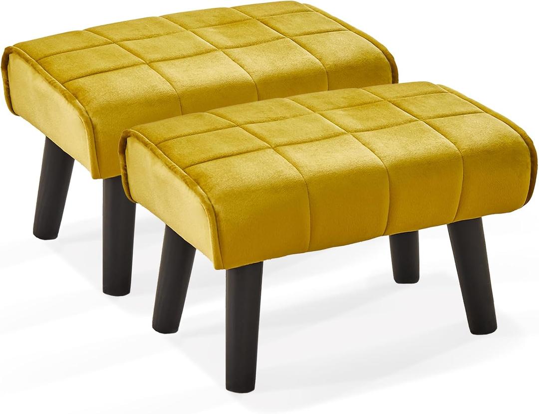 Wimarsbon Small Foot Stool Ottoman Modern Accent Step Stool Seat with Solid Wood Legs Velvet Soft Padded Pouf Ottomans Sofa Footrest Stools 16 inch for Couch Living Room Entryway 2 PCS Yellow