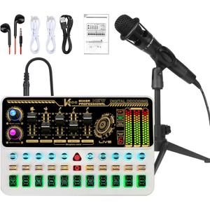 Podcast Equipment Bundle, Basic Audio Interface with Mic and Stand, Denosing, Ducking, Remove Vocals, Loopback, Easy Used Podcast Bundle for KTV,Streaming,Podcasting,YouTube, TikTok(White)