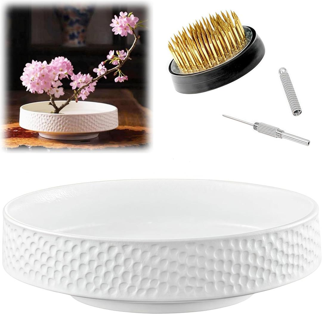 Japanese Ikebana Vase Kit, Flower Shallow Container Ceramics Flower Bowl Ikebana Vase with 1.57inch Flower Frog and Floral Frog Floristry Kenzan Needle Straightening Tool (White Hammer Pattern)