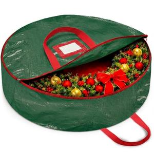 ZOBER Christmas Wreath Storage Container 30 Inch - Wreath Bag for Artificial Wreaths Box - Dual Zippered Wreaths Storage Bag with Strong Durable Handles - Green, Pack Of 2