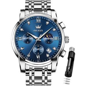 OLEVS Watch for Men Diamond Business Dress Analog Quartz Stainless Steel Waterproof Luminous Date Two Tone Luxury Casual Wrist Watch Blue