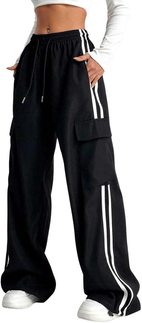 Verdusa Women's Cargo Pants Baggy Straight Wide Leg Track Pants Striped Joggers with Pockets Athletic Streetwear (Black)