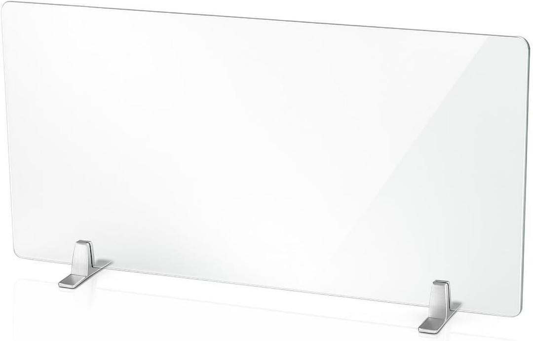 48" Wx24"H Sneeze Guard for Counter, Large Plastic Shield for Desk or Business, Clear Acrylic Desk Divider Partition Guard Protective Cover for Office School Retail Stores, Includes Holder