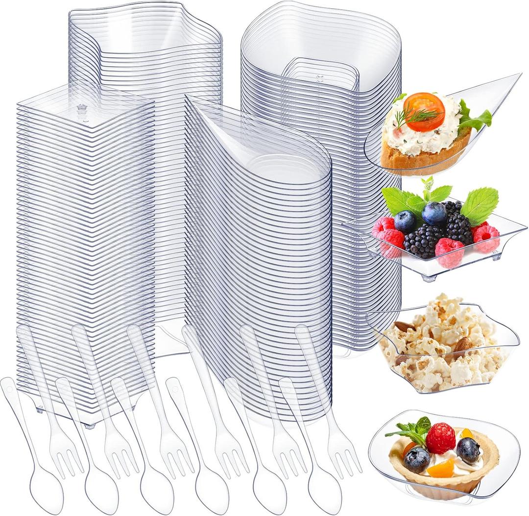 Tessco 800 Pcs Mini Appetizer Plates Set Including 400 Disposable Dessert Plates Assorted Shape 200 Mini Plastic Forks 200 Plastic Spoons for Party(Clear,Classic)