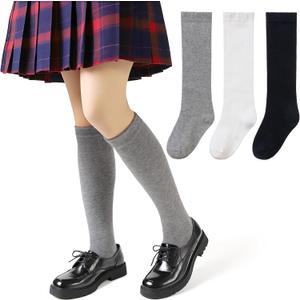 Kids Knee High Socks Boy Girls Cotton School Uniform Breathable Casual Sports Socks 3 Pairs (Black/White/Gray)
