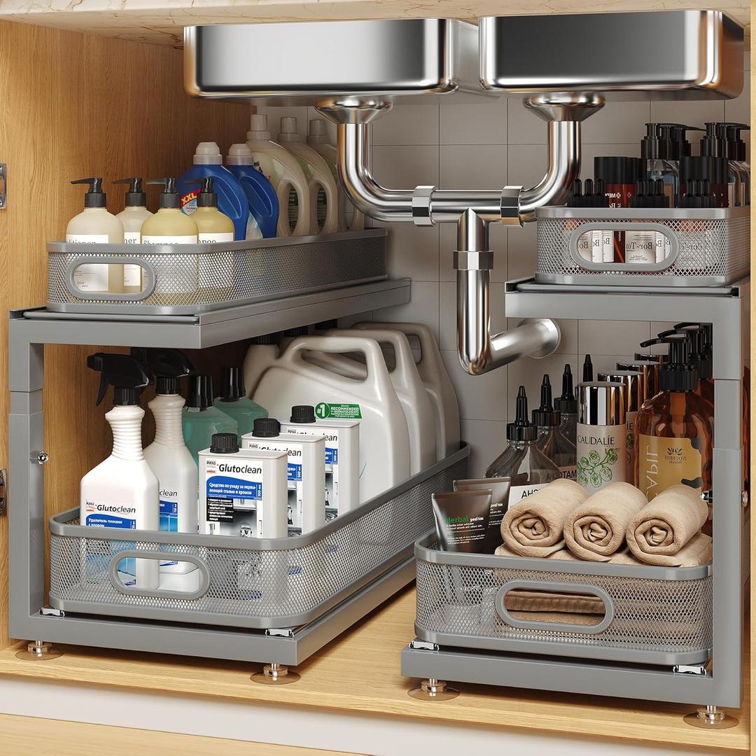 2-Pack 21.3 IN Depth Under Sink Organizer With Next-Gen Ball-Bearing Slides, Sophisticated Mesh 2-Tier Pull Out Shelf for Kitchen & Bathroom,Fits Small Items-Gun Gray